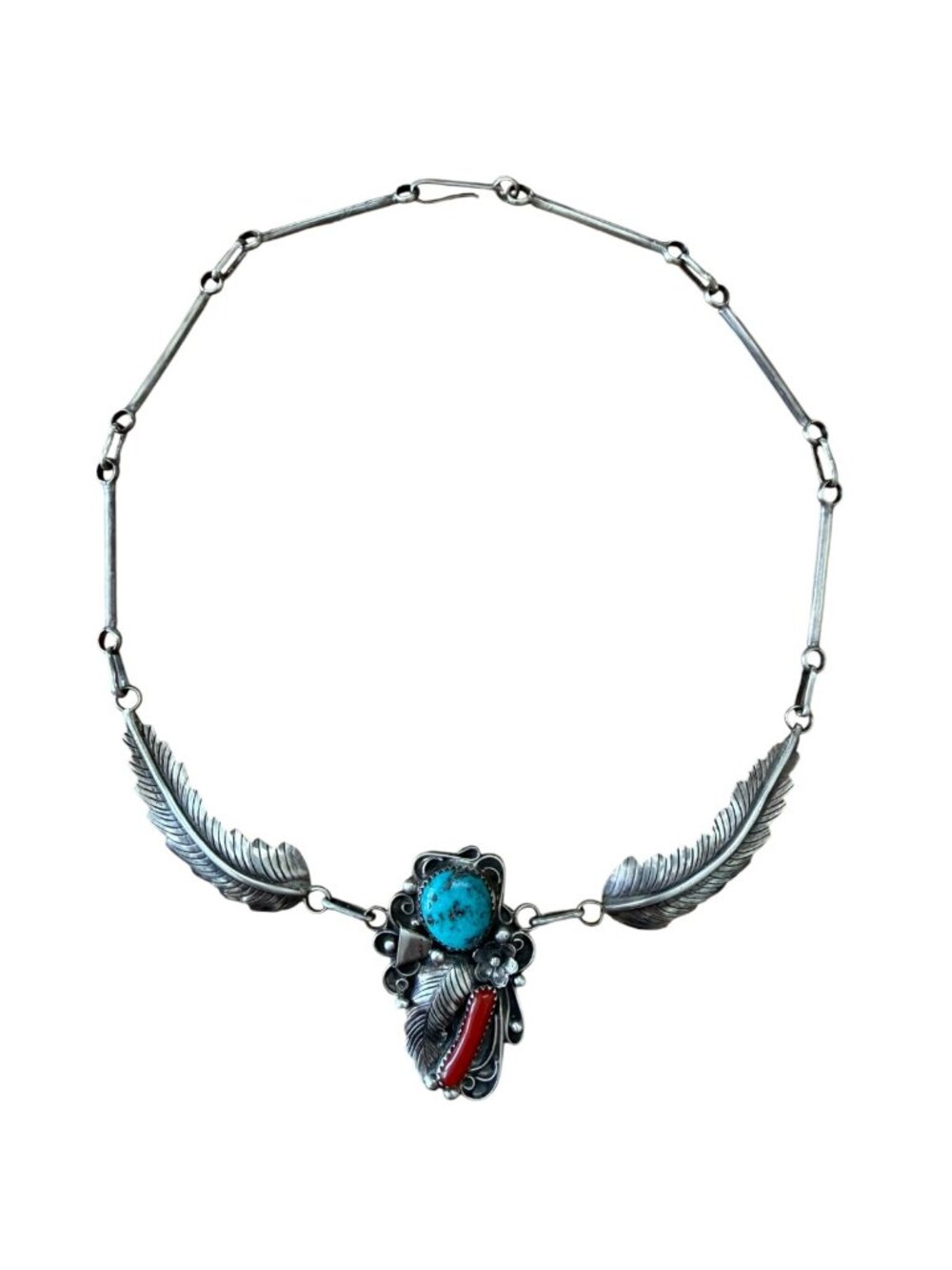 Angela Lee Turquoise, Coral and Feather Necklace